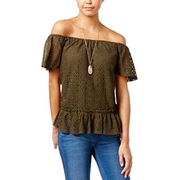 Belle Du Jour Juniors Lace Off The Shoulder Top With Necklace - Picture 2 of 3